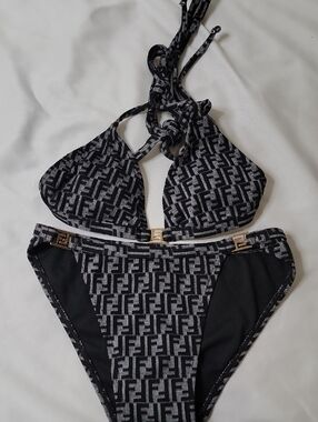 Fendi Black & Gray Monogram Triangle Bikini Set